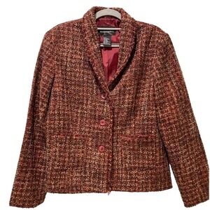 Requirements Womens Tweed Blazer Jacket Red Multi Color‎ Button Front Size 12